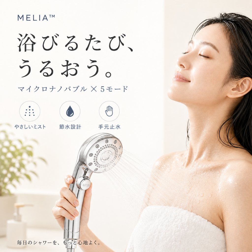 MELIA™ マイクロナノバブルシャワーヘッド — 5モード・節水・増圧設計