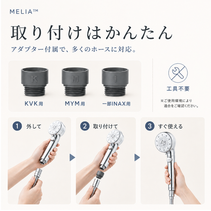 MELIA™ マイクロナノバブルシャワーヘッド — 5モード・節水・増圧設計