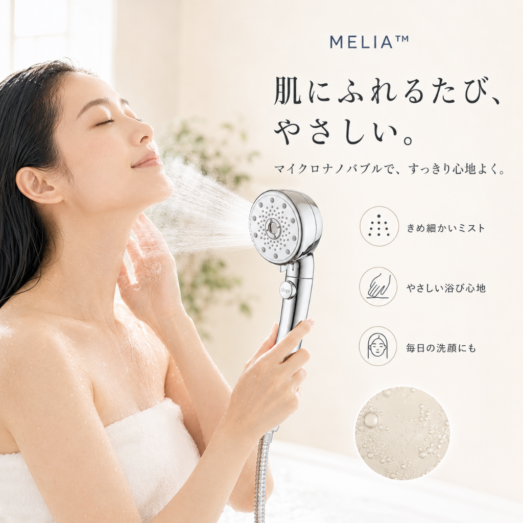 MELIA™ マイクロナノバブルシャワーヘッド — 5モード・節水・増圧設計
