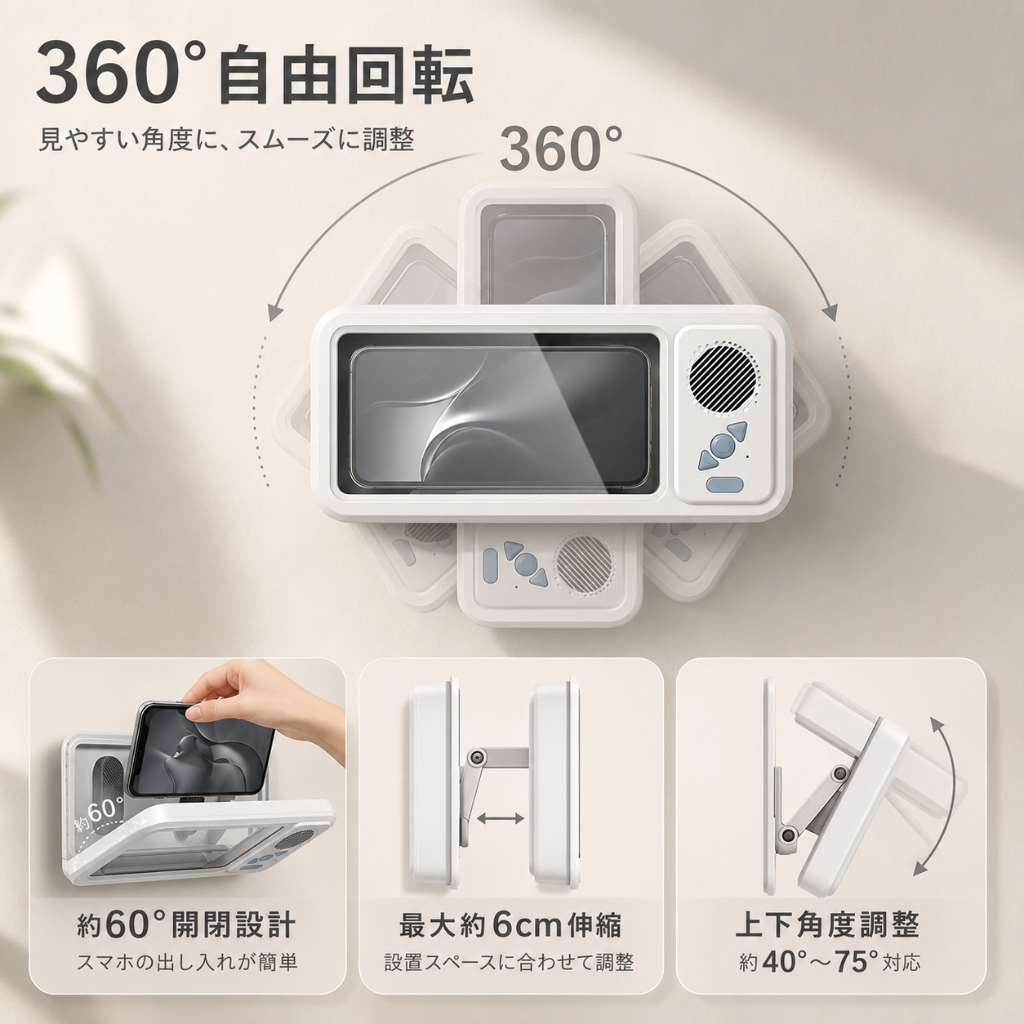 MELIA™ お風呂スマホシアター — IPX5防水・Bluetoothスピーカー搭載タッチ操作スマホホルダー