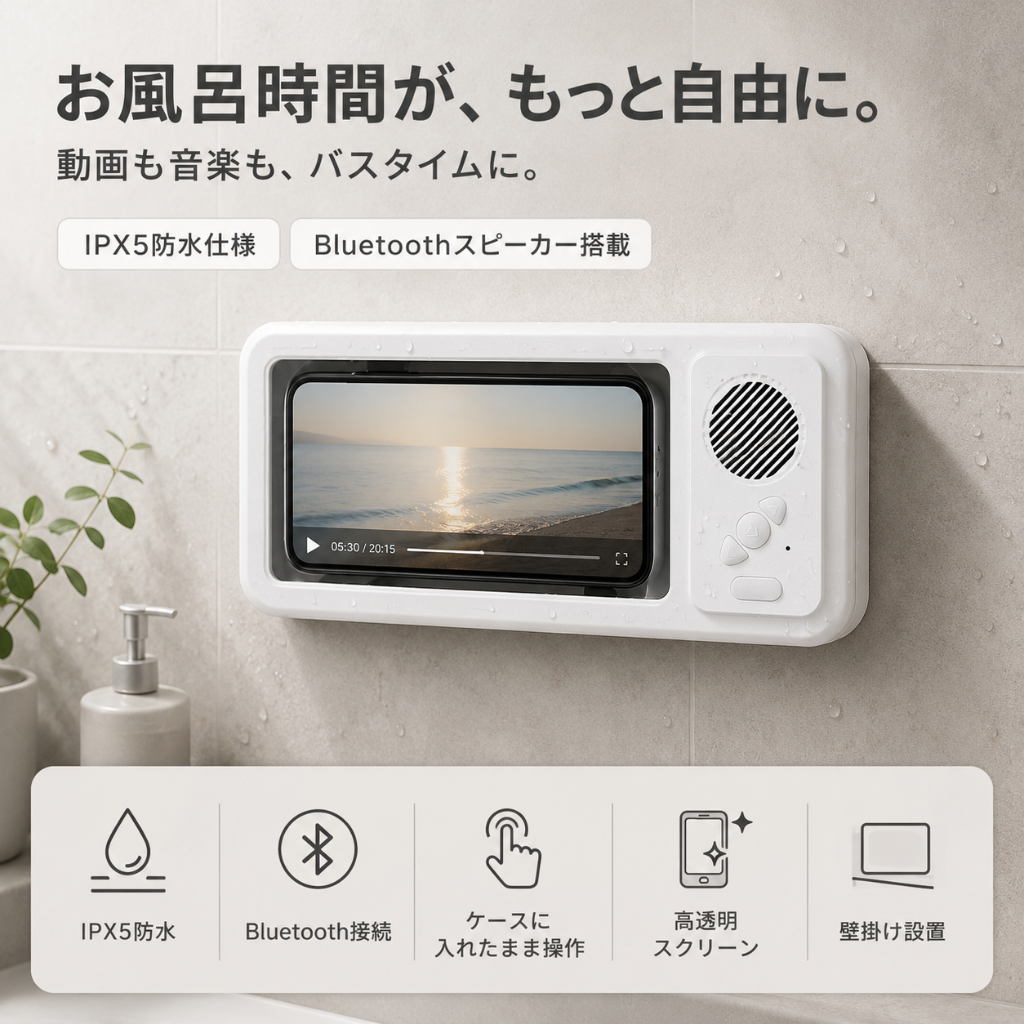 MELIA™ お風呂スマホシアター — IPX5防水・Bluetoothスピーカー搭載タッチ操作スマホホルダー
